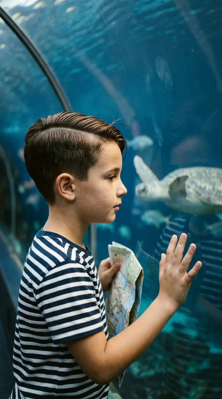 Side profile of a boy with a shaved hard part line and side part