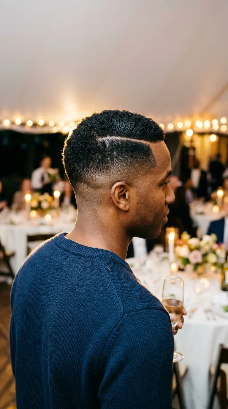 Three quarter back view of a Black man with a hard part and a taper fade