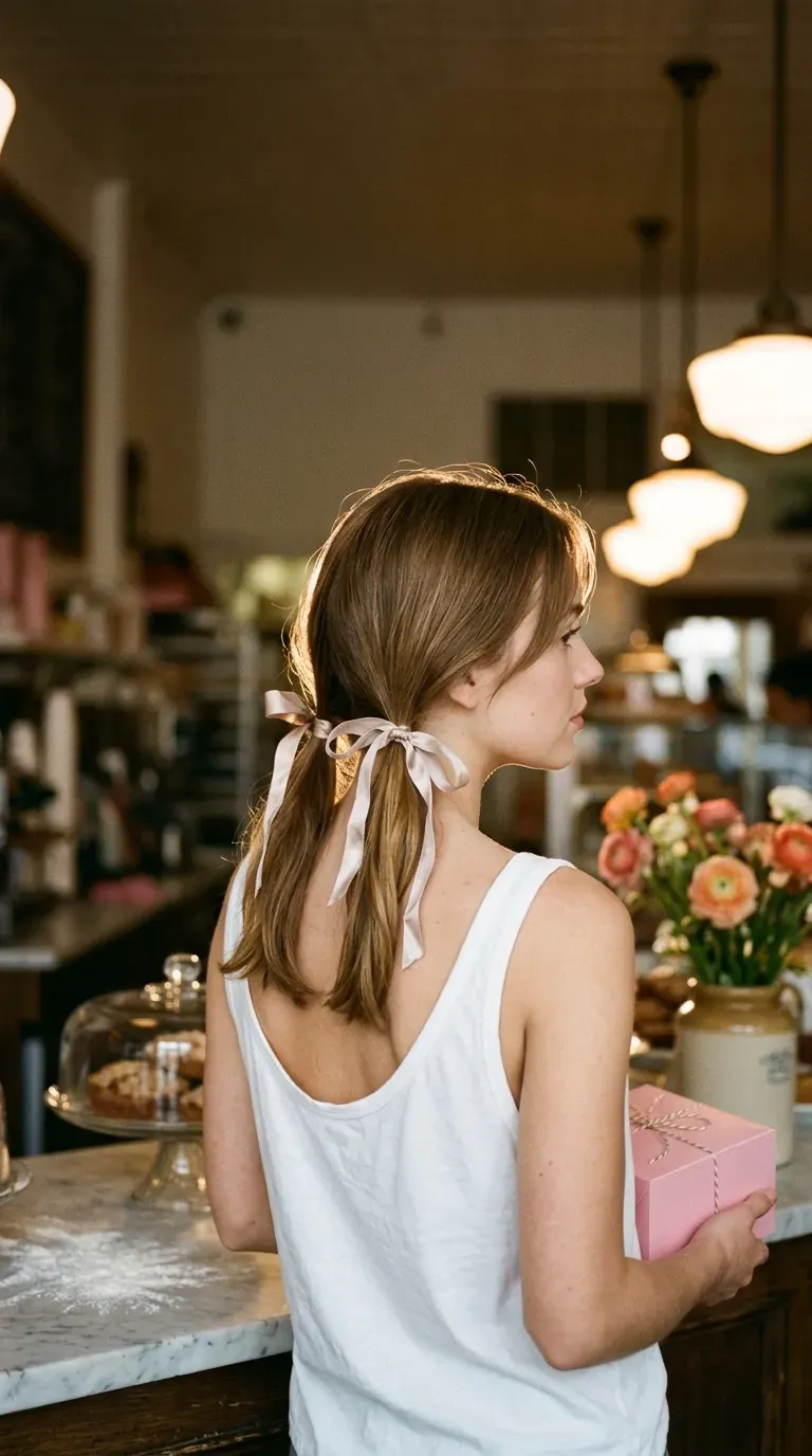 Side profile of a satin headband over long air dried brown waves on a lawn