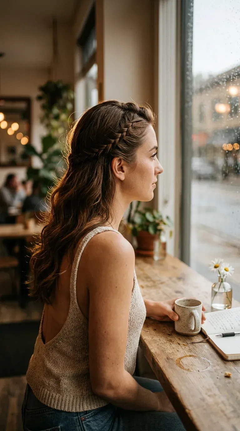 Side profile of a headband braid hugging the hairline at a cafe window