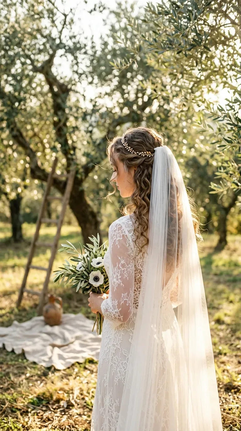 Over the shoulder view of soft curls with a headband style veil