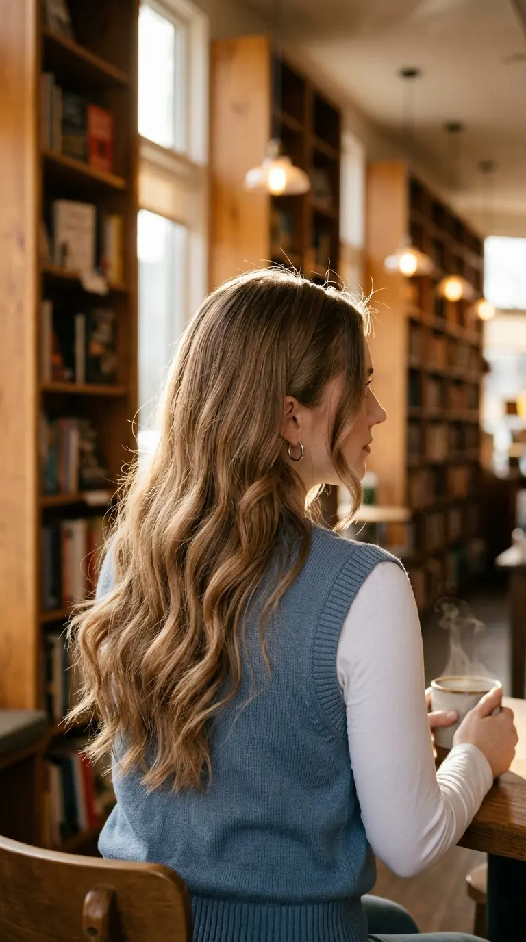 Back view of soft bend waves created by tucking hair into a stretchy headband on long light brown hair