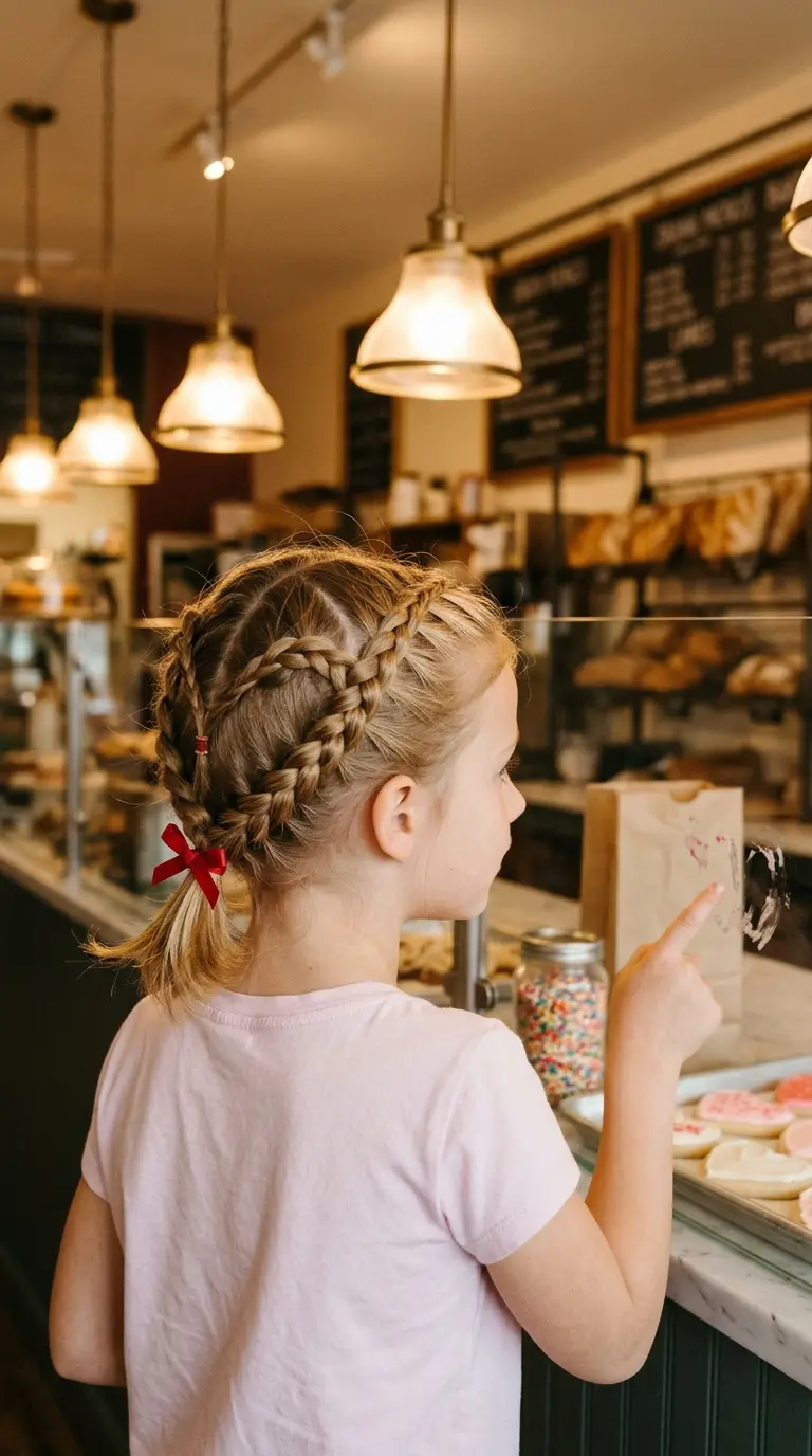 Side profile of a heart braid in honey blonde hair at a bakery counter