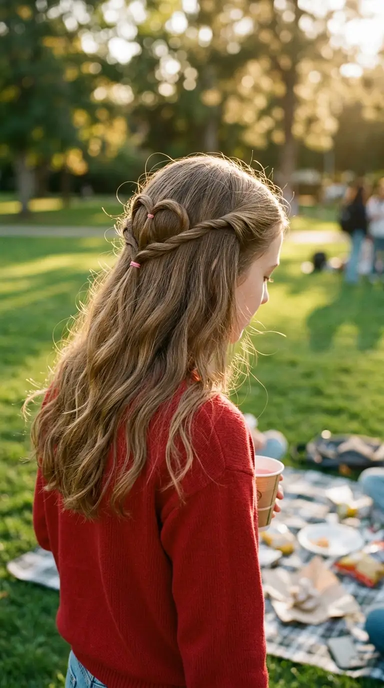 Back view of a heart shape made from two twisted sections pinned at the back of the head over long waves