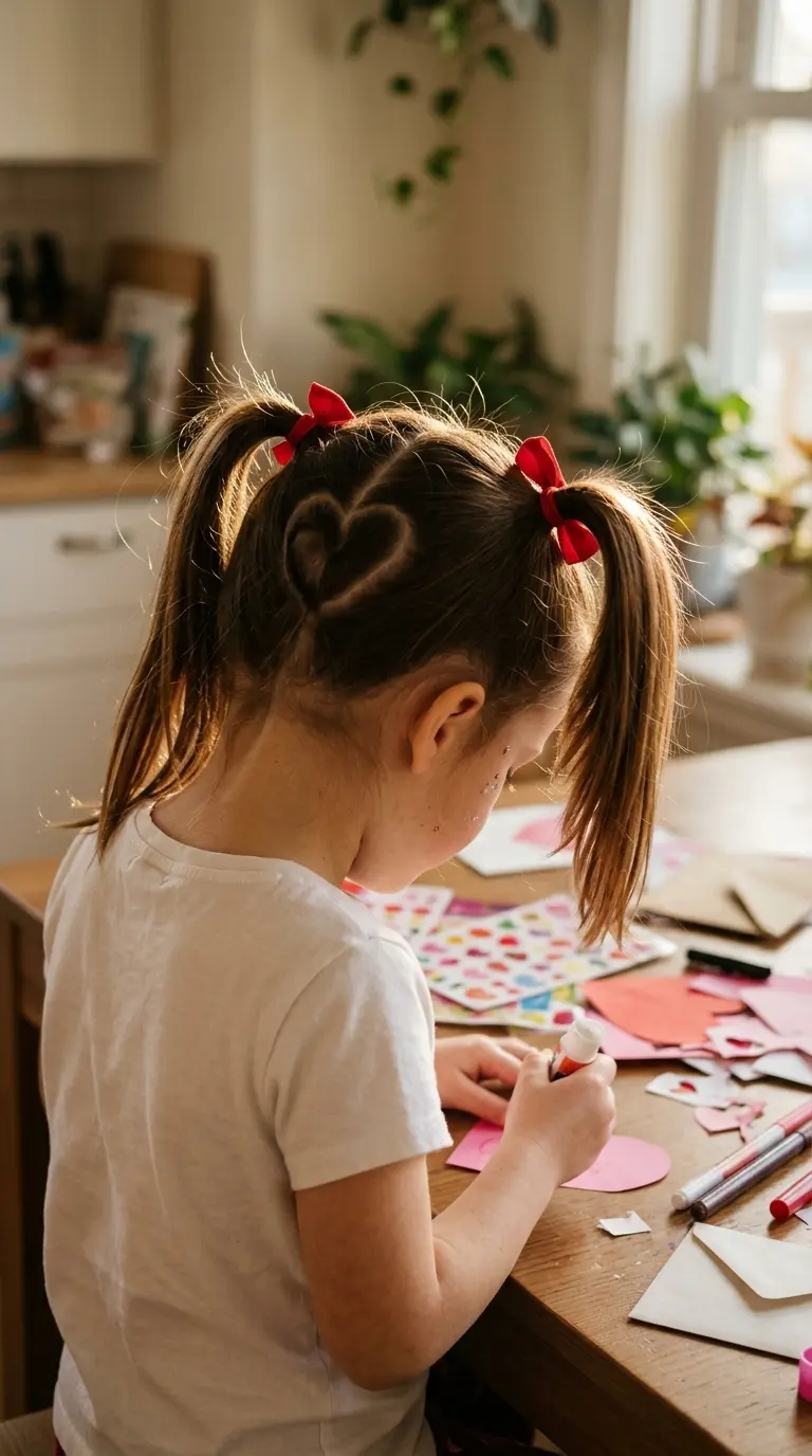 Back view with head turned showing a heart shaped part between two pigtails on a little girl