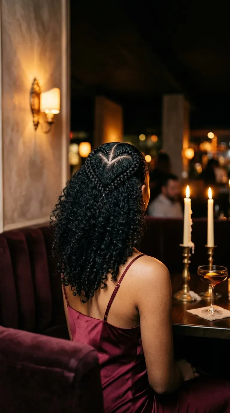 Heart shaped braid pattern at the crown above loose black curls, candlelit setting
