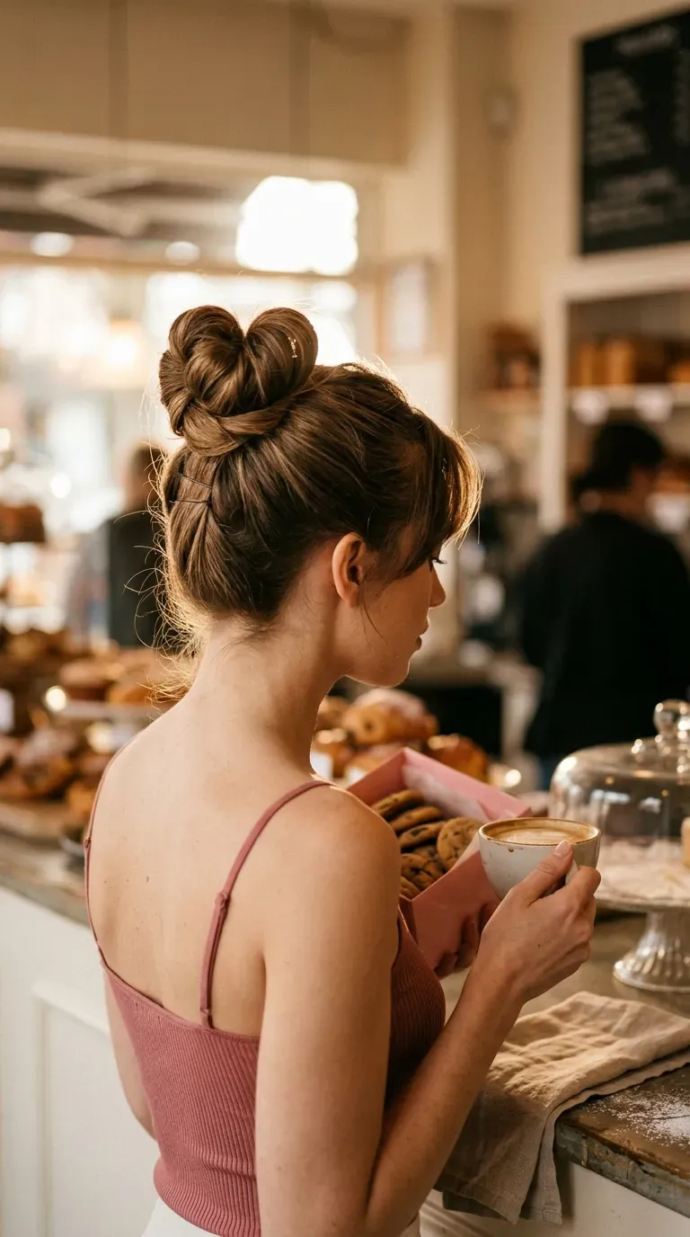 Over the shoulder view of a heart shaped bun with a split ponytail