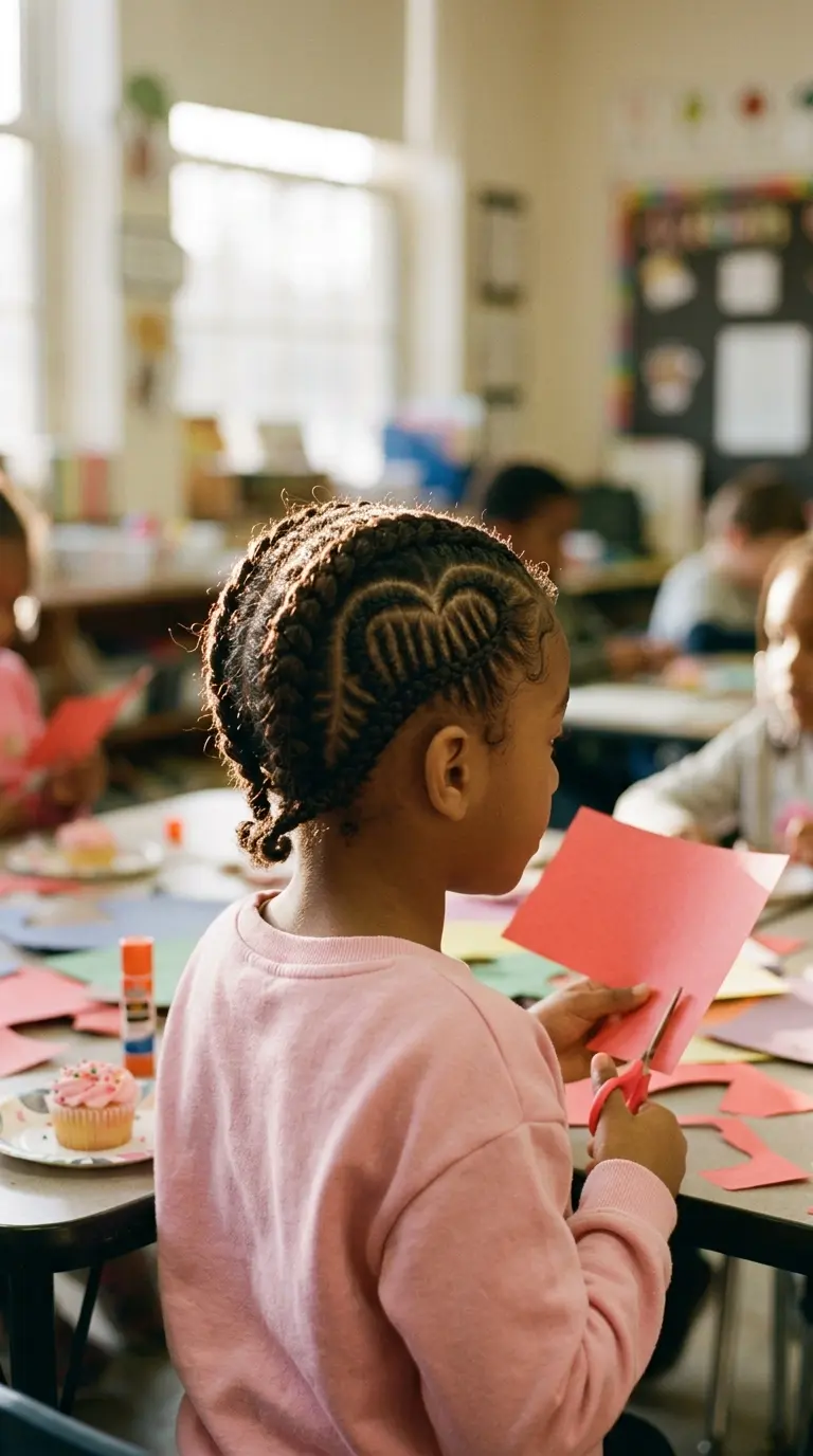 Three quarter back view of a girl with heart shaped cornrows at a craft table
