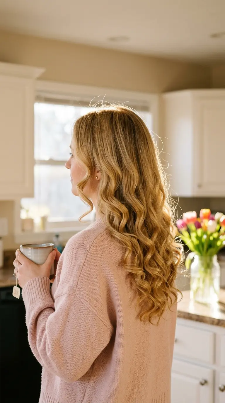 Back view of soft bouncy heatless curls on long thin blonde hair after an overnight robe belt set