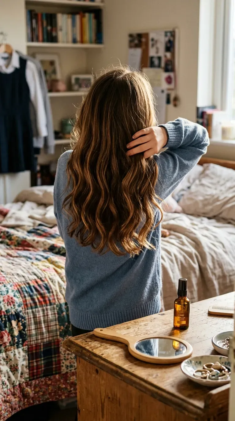 Soft heatless braid waves on long hair seen from behind near a window