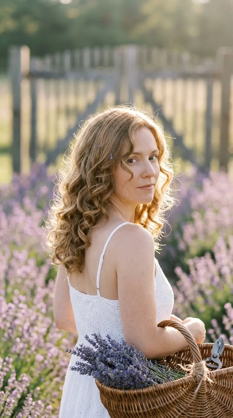 Over the shoulder view of soft heatless curls on medium golden brown hair