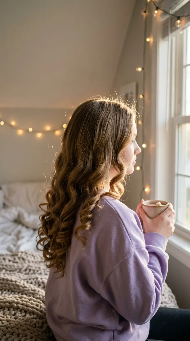 Three quarter back view of long hair in big bouncy heatless curls after sleeping on a sock