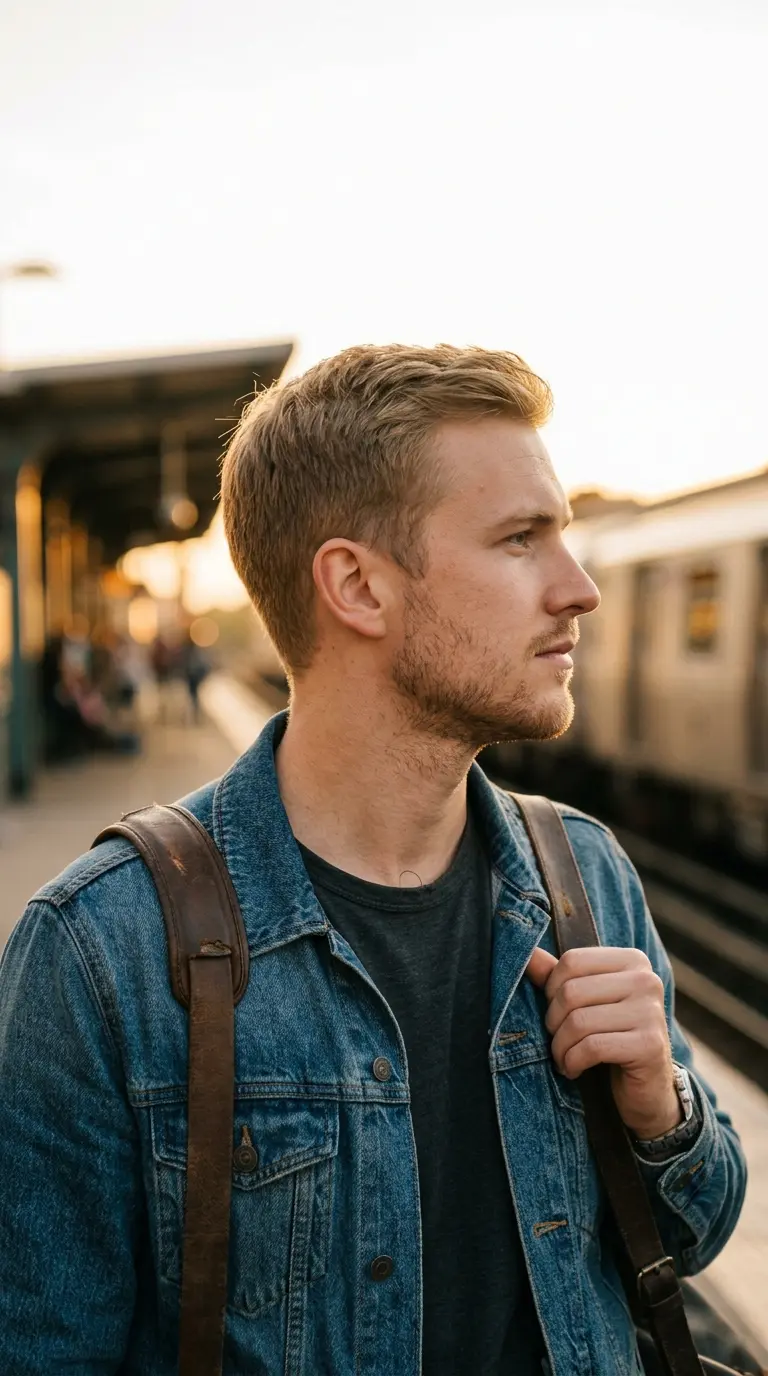 Side profile of heavy stubble with a clean low neckline on a train platform