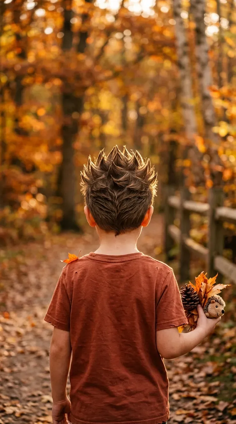 Boy with short hair styled into many small spikes covering his whole head