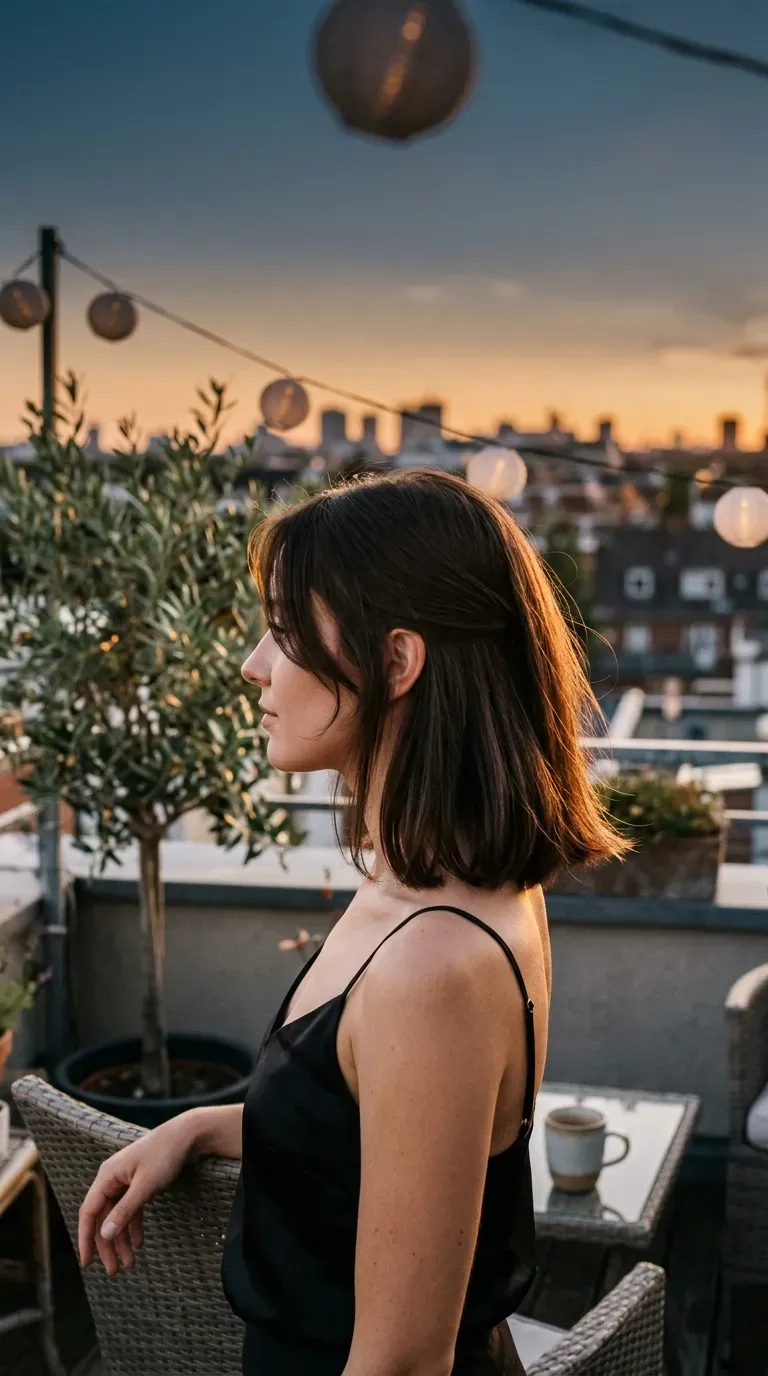 Side profile of a blunt long bob with hidden layers on a rooftop terrace