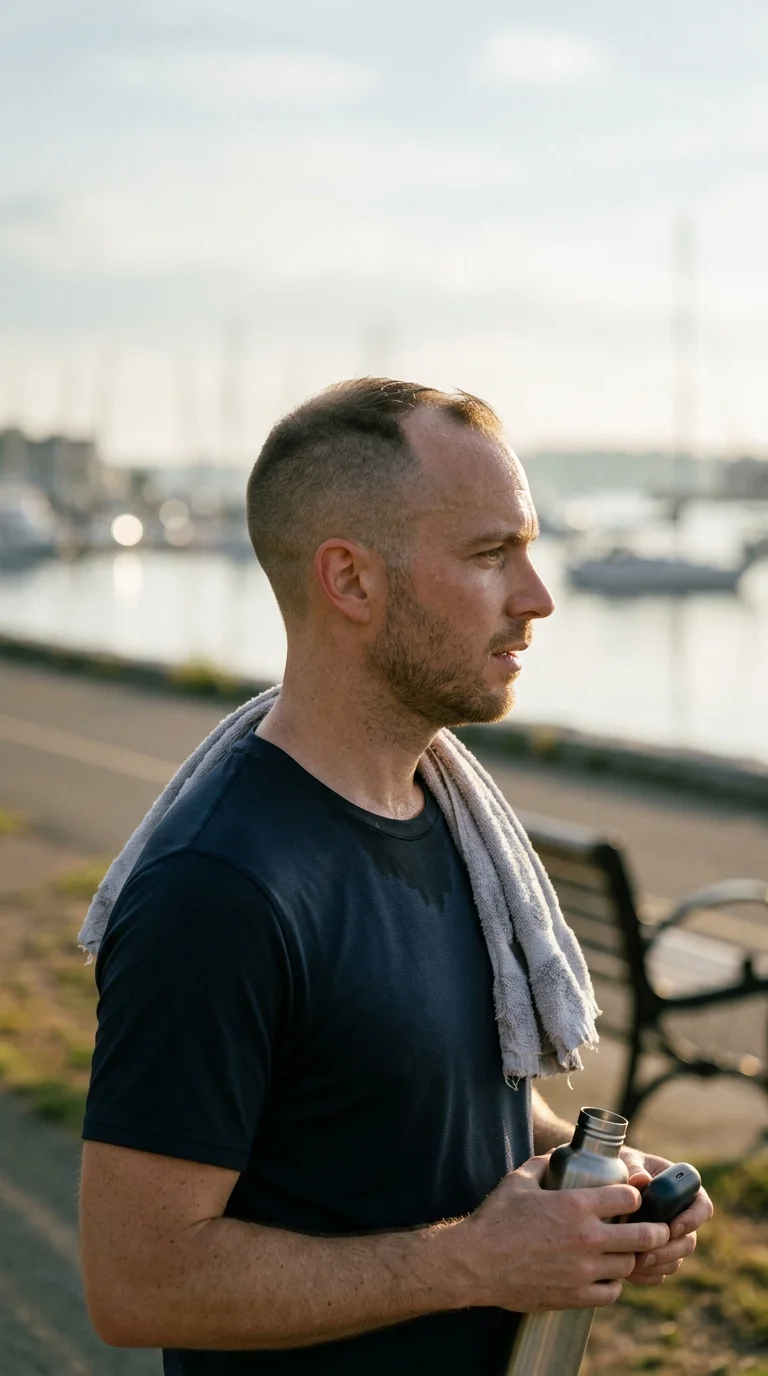 Side profile of a high and tight haircut on a man after a morning run