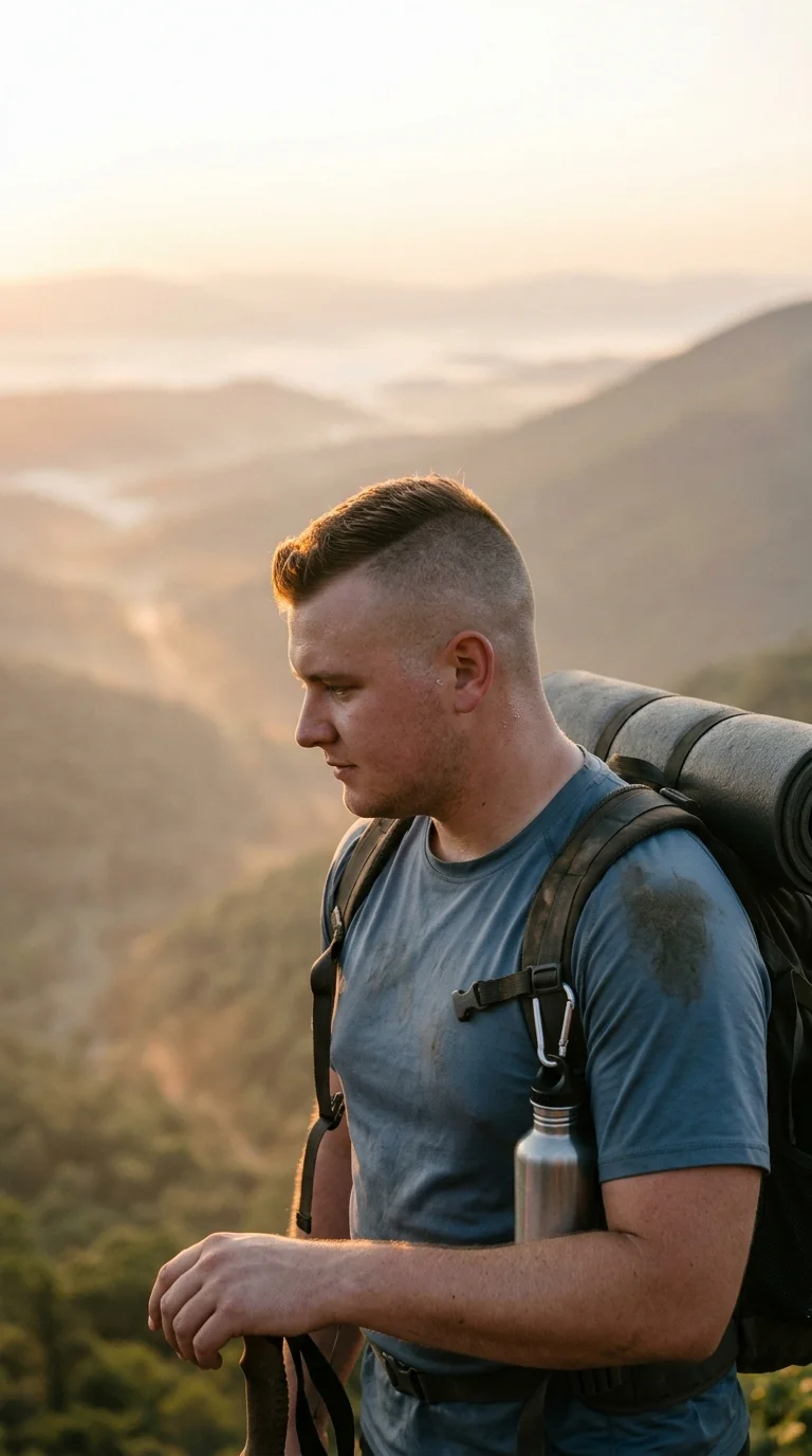 Three quarter view of a high and tight with front ridge, mens round face cut
