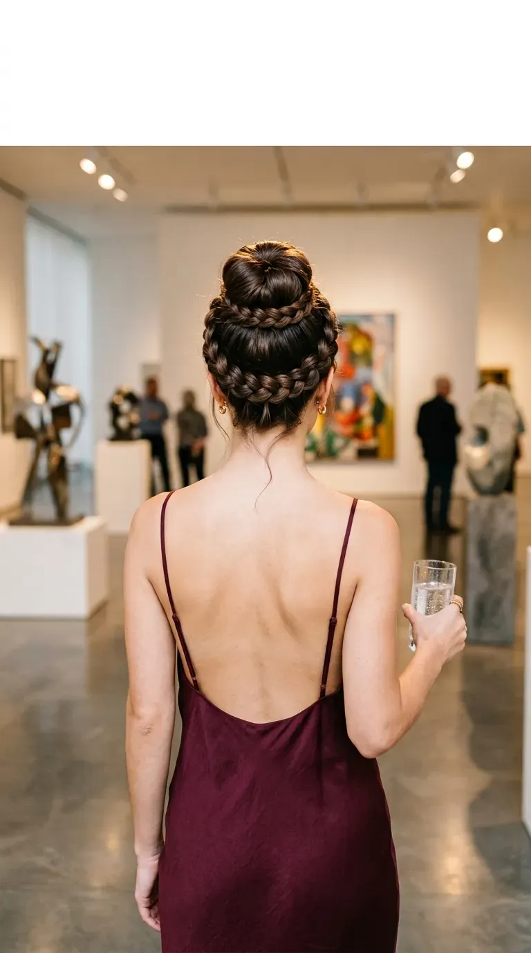 Back view of a high braided crown bun with a backless dress in a gallery