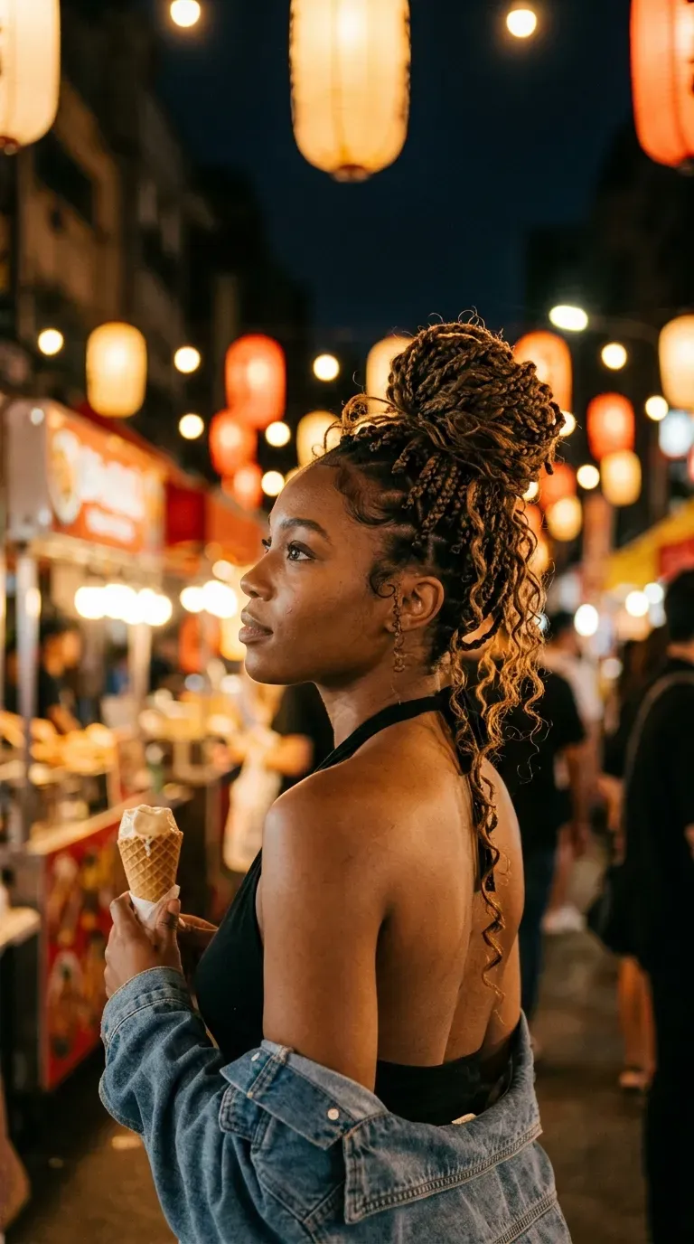 Three quarter view of a high bun with boho knotless braids and curls