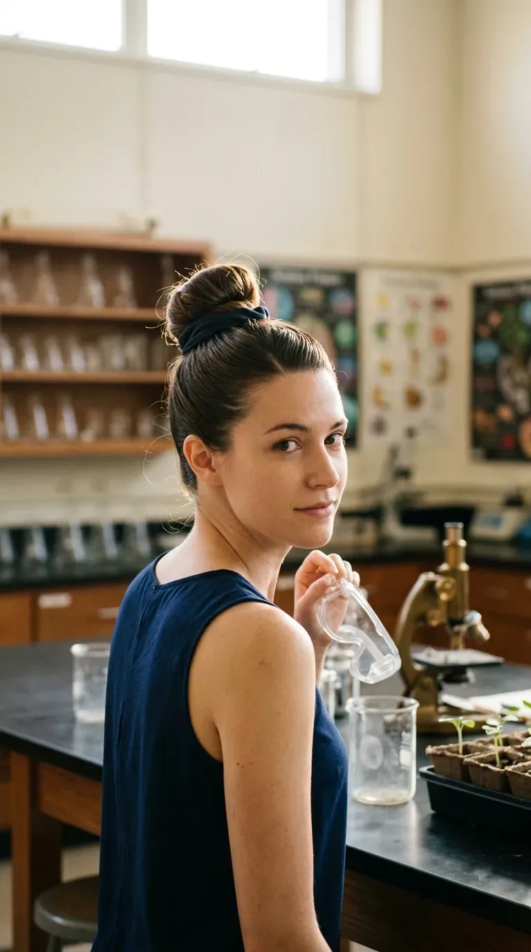 Over the shoulder view of a high bun in a science classroom