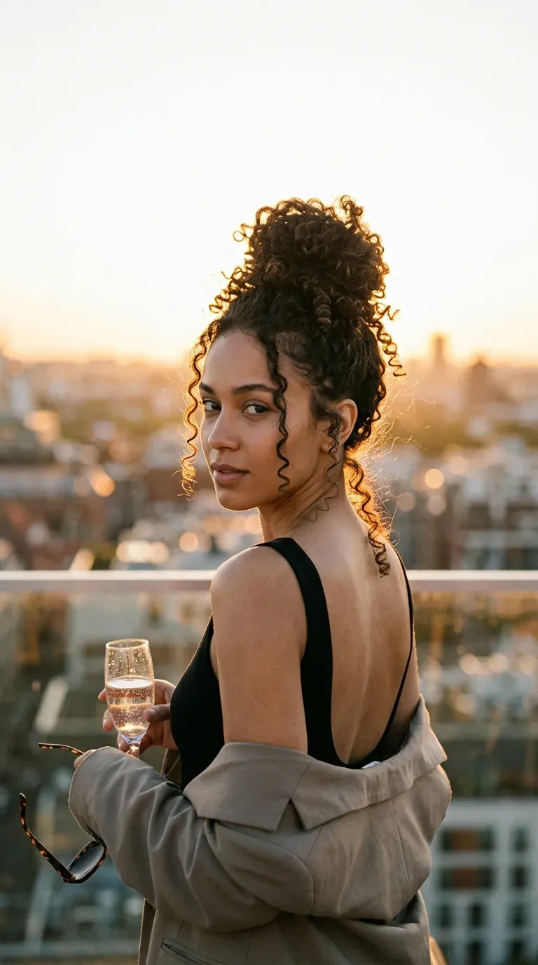 Over the shoulder look back at a high curly bun with face framing tendrils