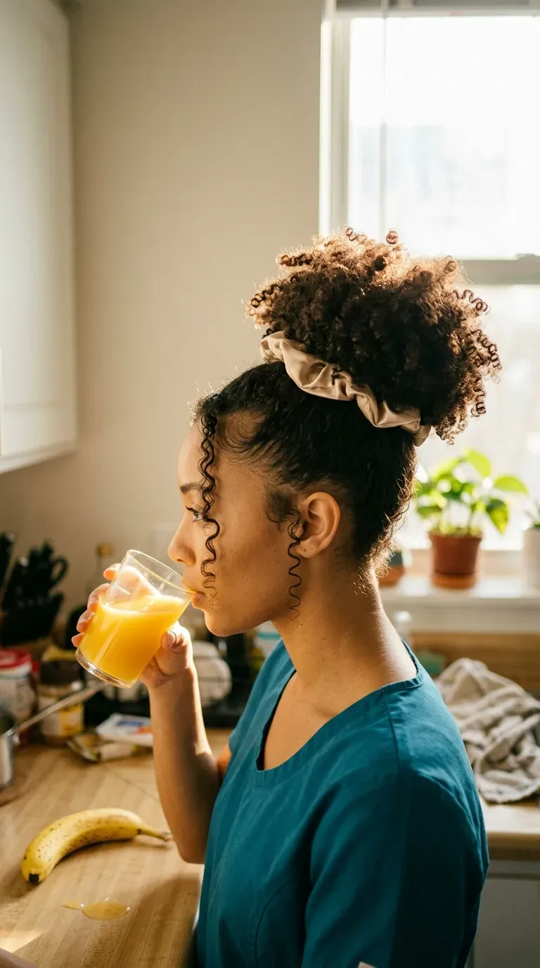 Side profile of a high curly puff with a satin scrunchie in a bright kitchen