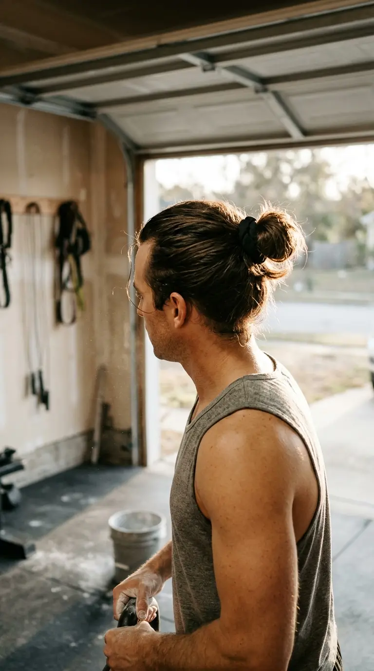 Three quarter front view of a high man bun in a garage gym