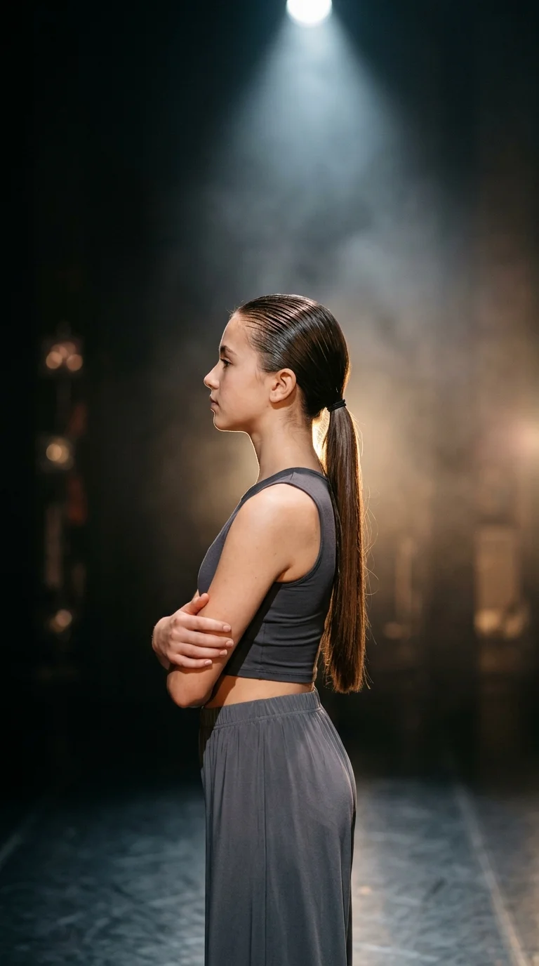 Over the shoulder view of a jazz dancer with a sleek high ponytail and curled ends