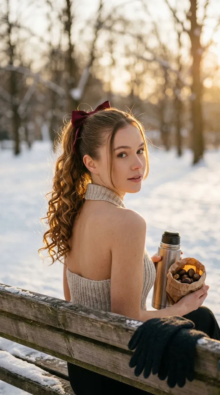 Over the shoulder view of a high ponytail with spiral curls and a bow