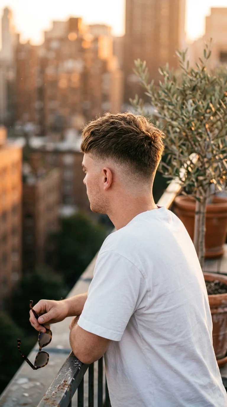 Three quarter back view of a dark blond crop with a high skin fade