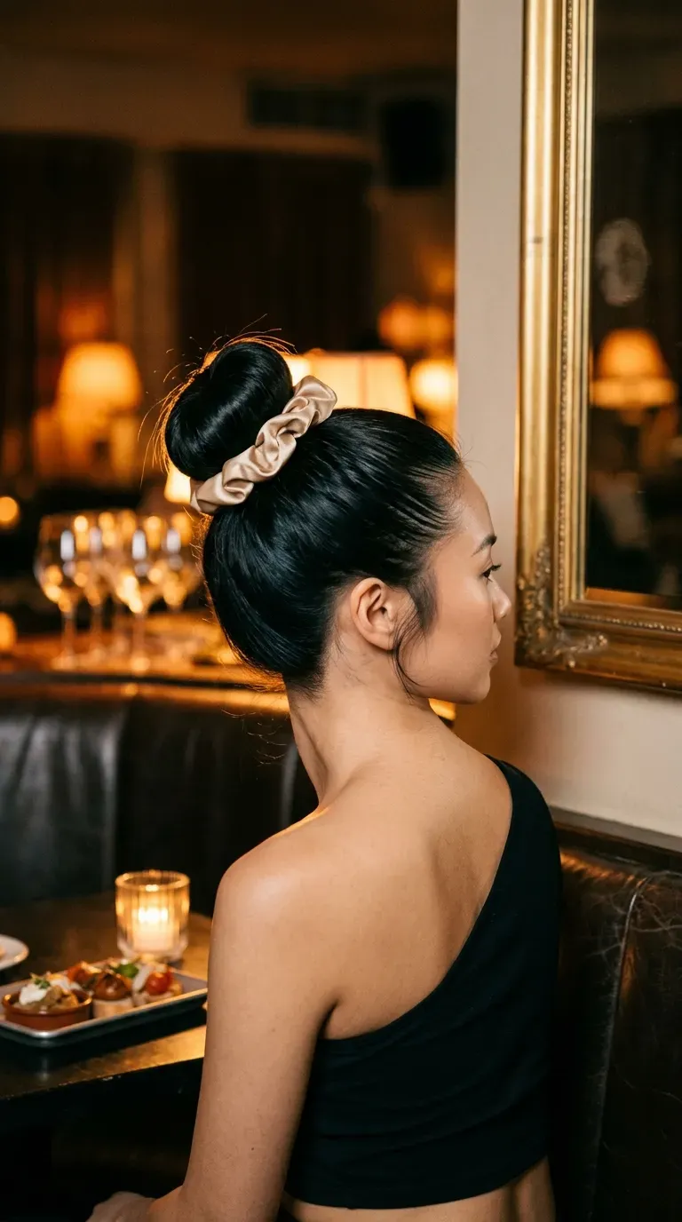 Side profile of a high sleek bun wrapped in a satin scrunchie