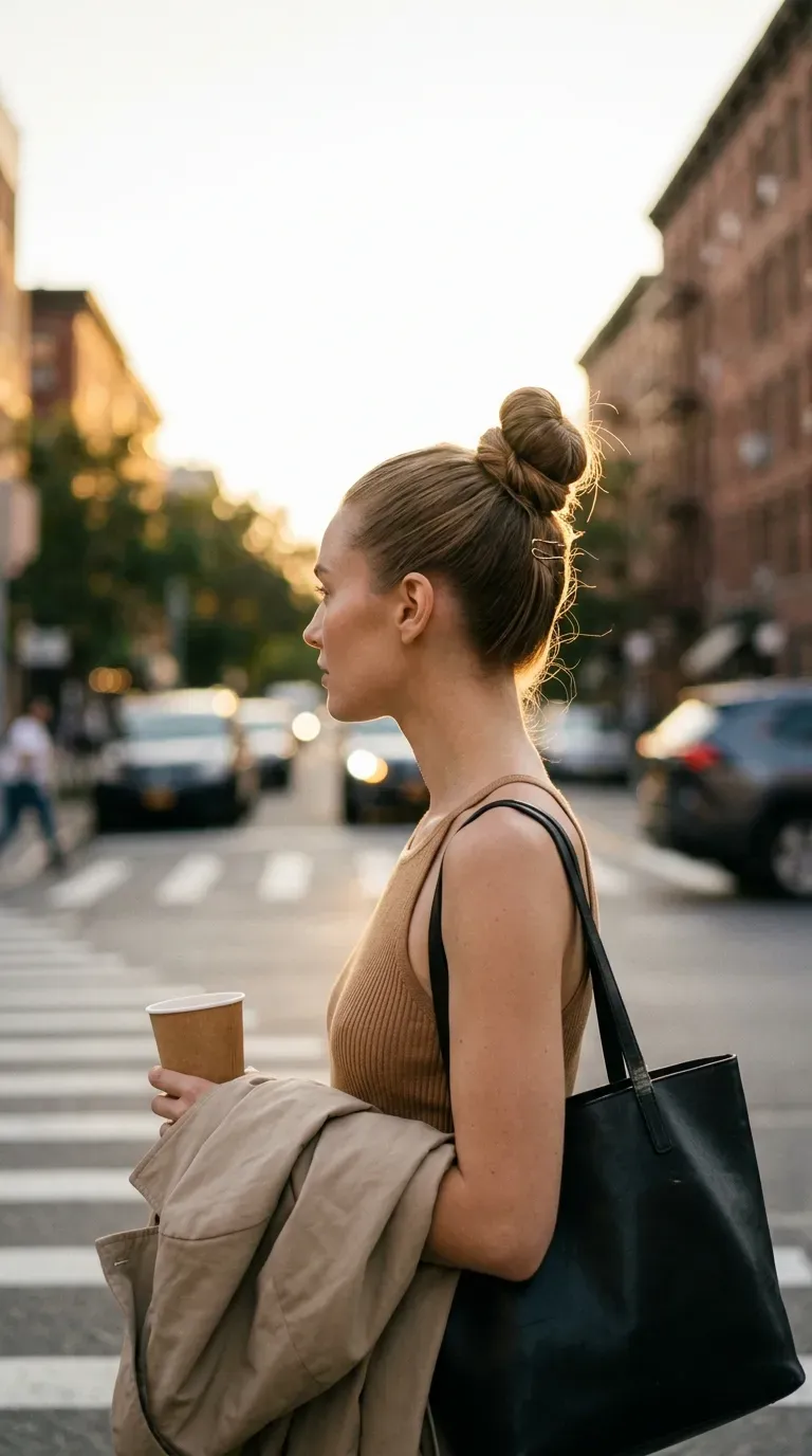 Side view of a high sleek bun with wrapped tail on a city crosswalk