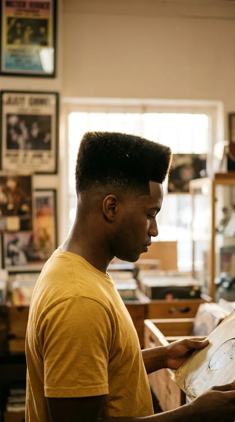 Side profile of a Black man with a tall squared high top fade