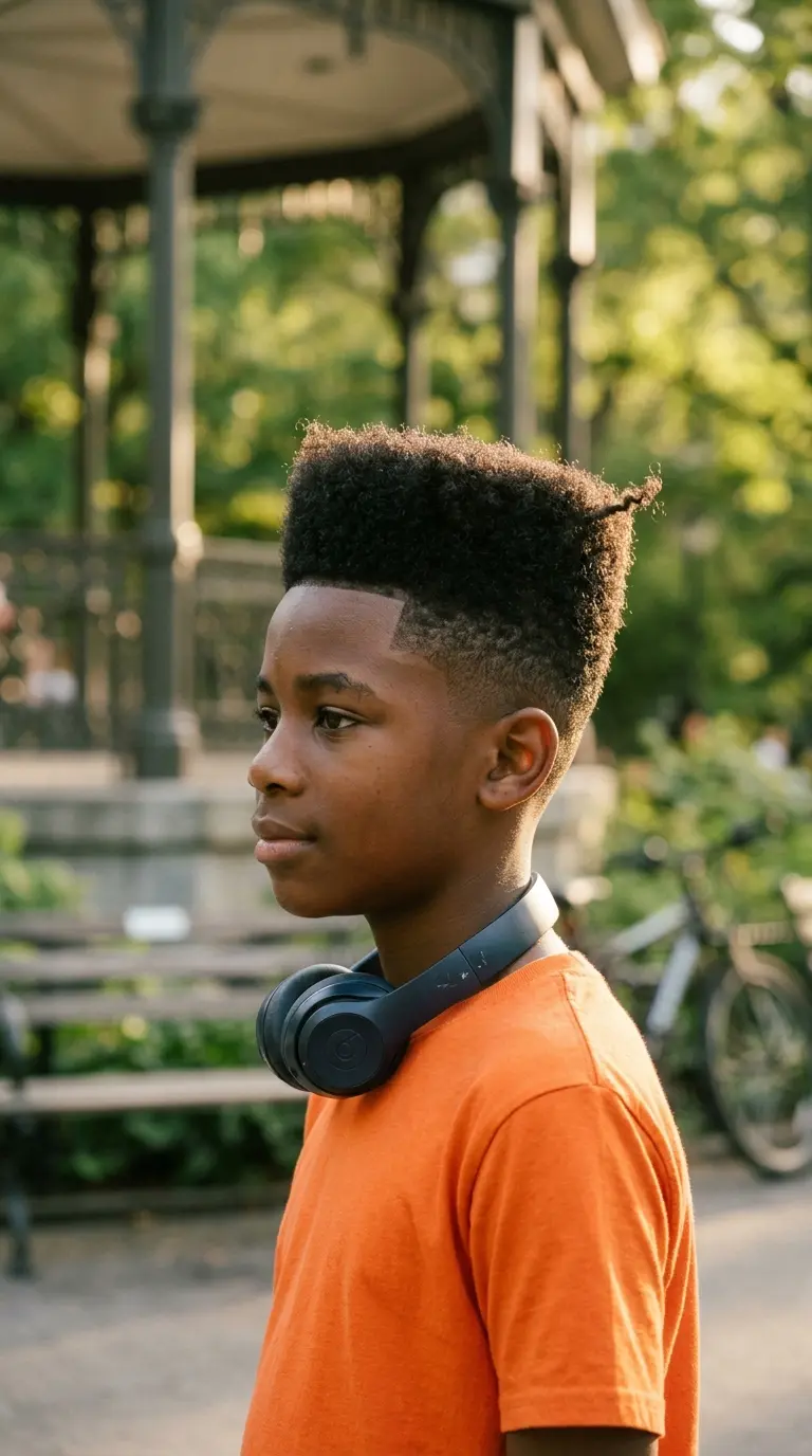 Three quarter front view of a boy with a high top fade