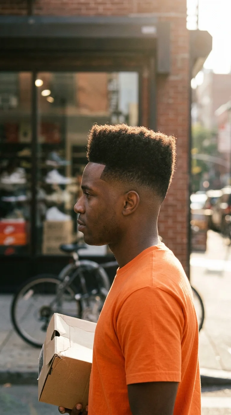 Side profile of a man with a squared high top fade on coily hair