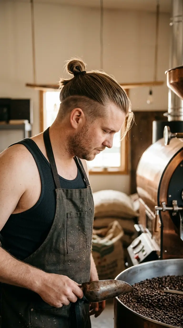 Three quarter view of a high top knot with an undercut in a roastery