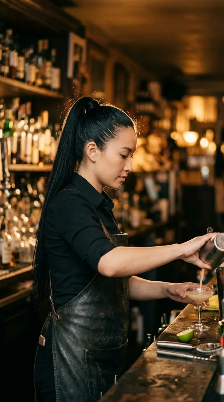 Side profile of a bartender with a sleek high ponytail wrapped with a strand of hair