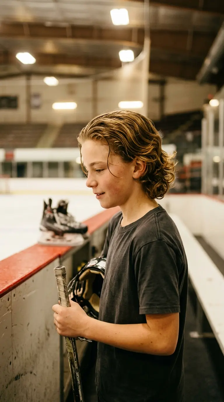 Three quarter view of a boy with long hockey flow curling at the ends
