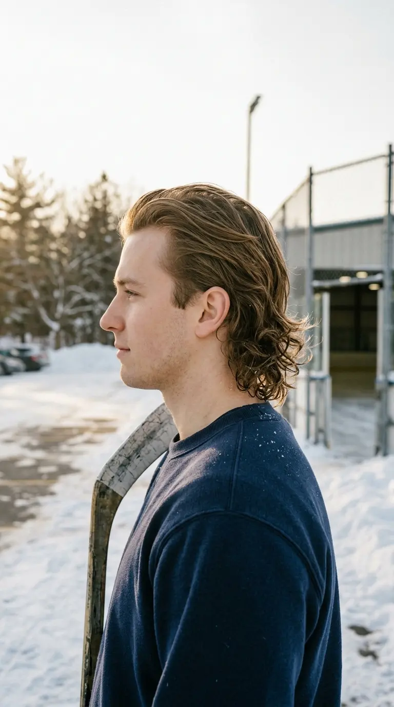 Side profile of a man with hockey hair flipping out from under the back of a cap