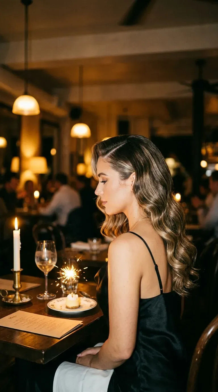 Side view of deep side part Hollywood waves at a candlelit restaurant table