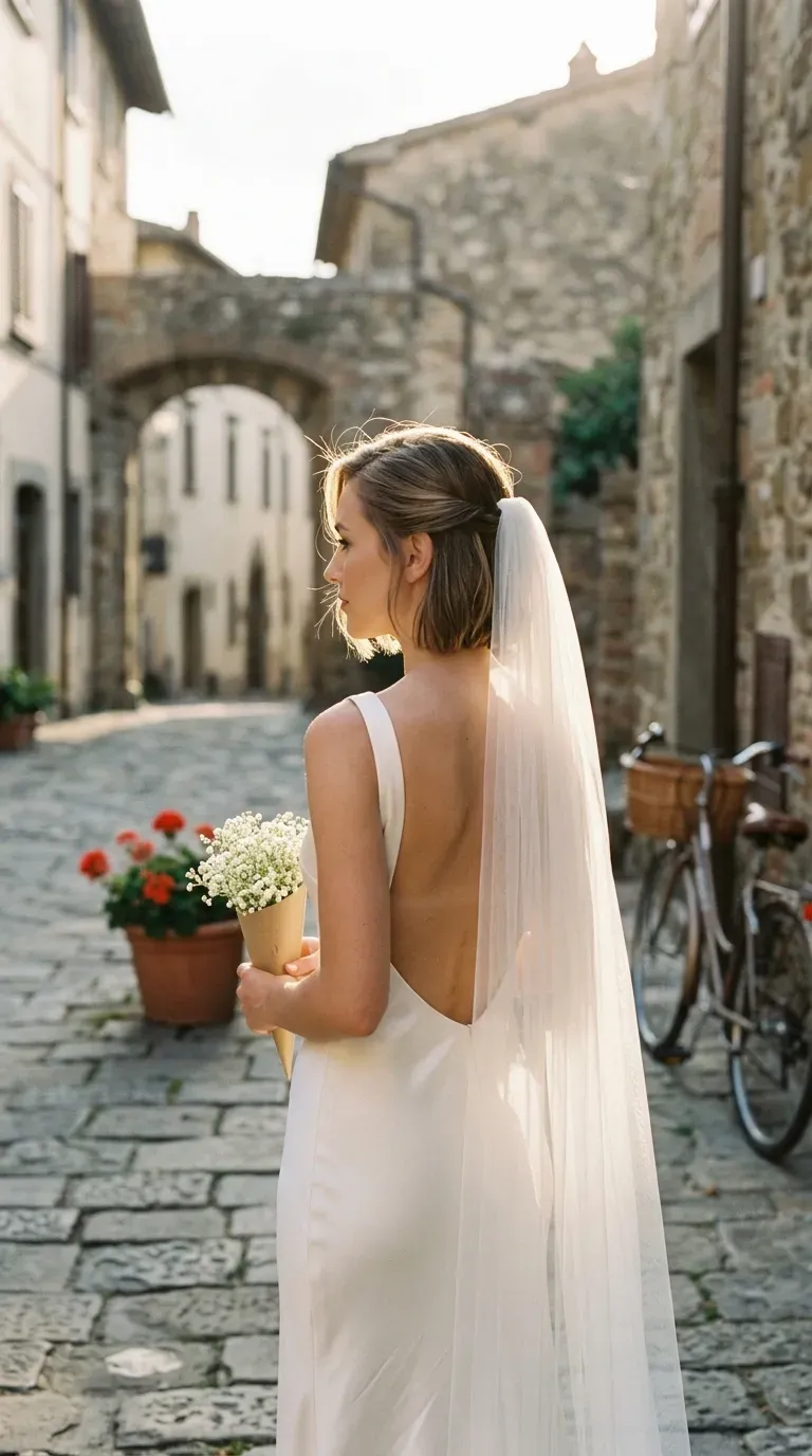 Three quarter front side view of Hollywood waves with a side placed veil