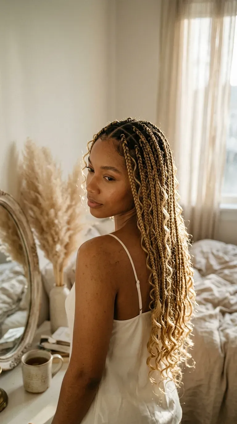 Over the shoulder view of honey blonde boho knotless braids with brown roots