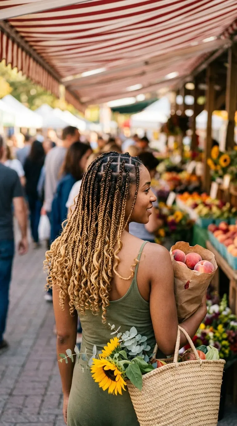 Dark braids with honey blonde peekaboo curls underneath at an outdoor farmers market