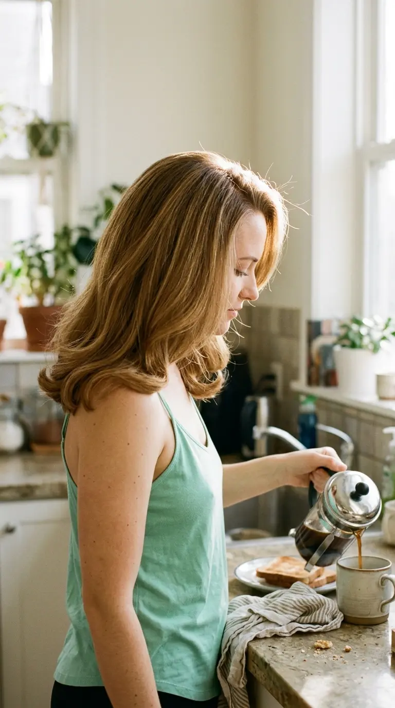 Side profile of golden brown hot air brush 90s blowout medium hair look