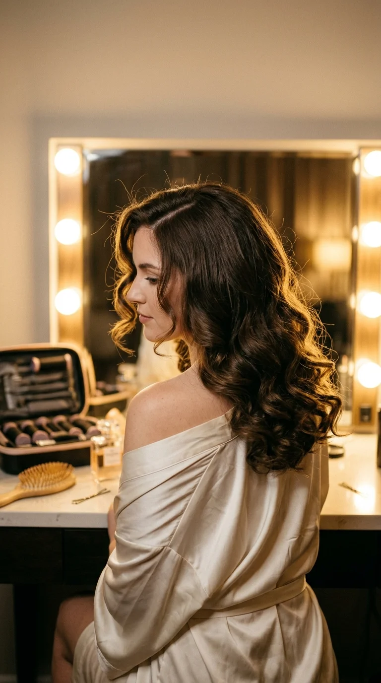 Three quarter back view of dark brown brushed out hot roller curls with side part