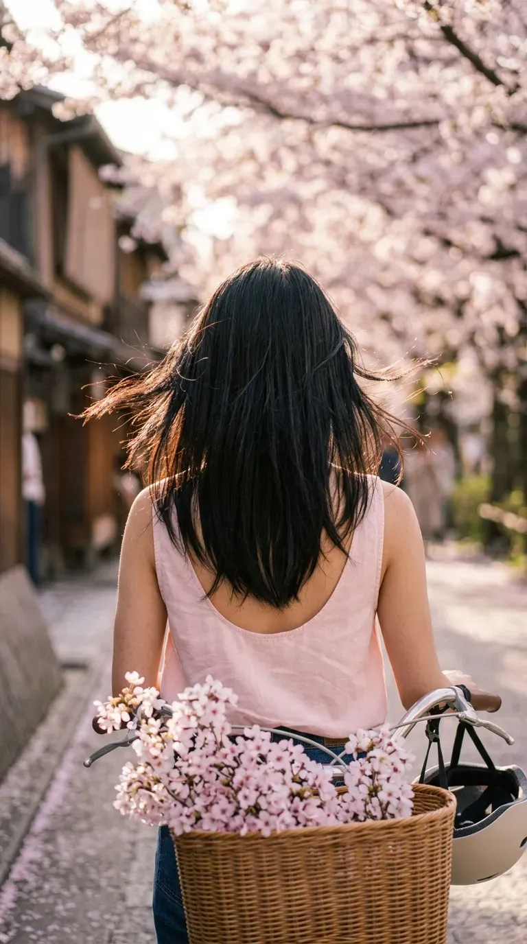 Jet black long hush cut with airy wispy layers seen from behind under blossoms