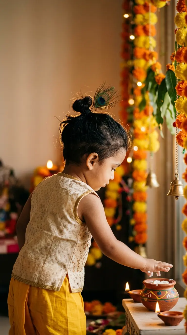 Three quarter back view of an Indian toddler boy with a small top knot and a peacock feather for Janmashtami