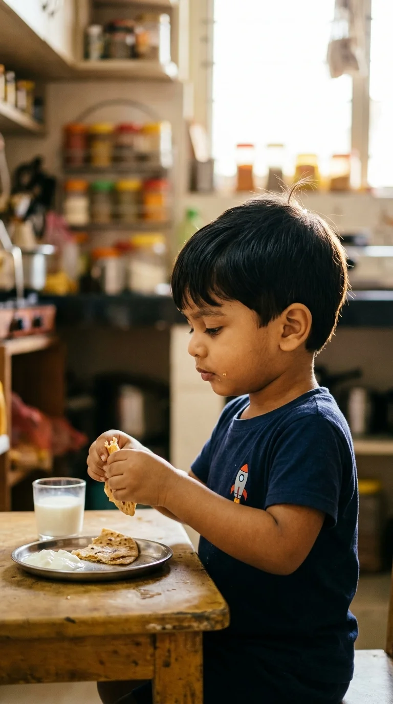 Side profile of an Indian toddler boy with a short crop haircut and a soft side part