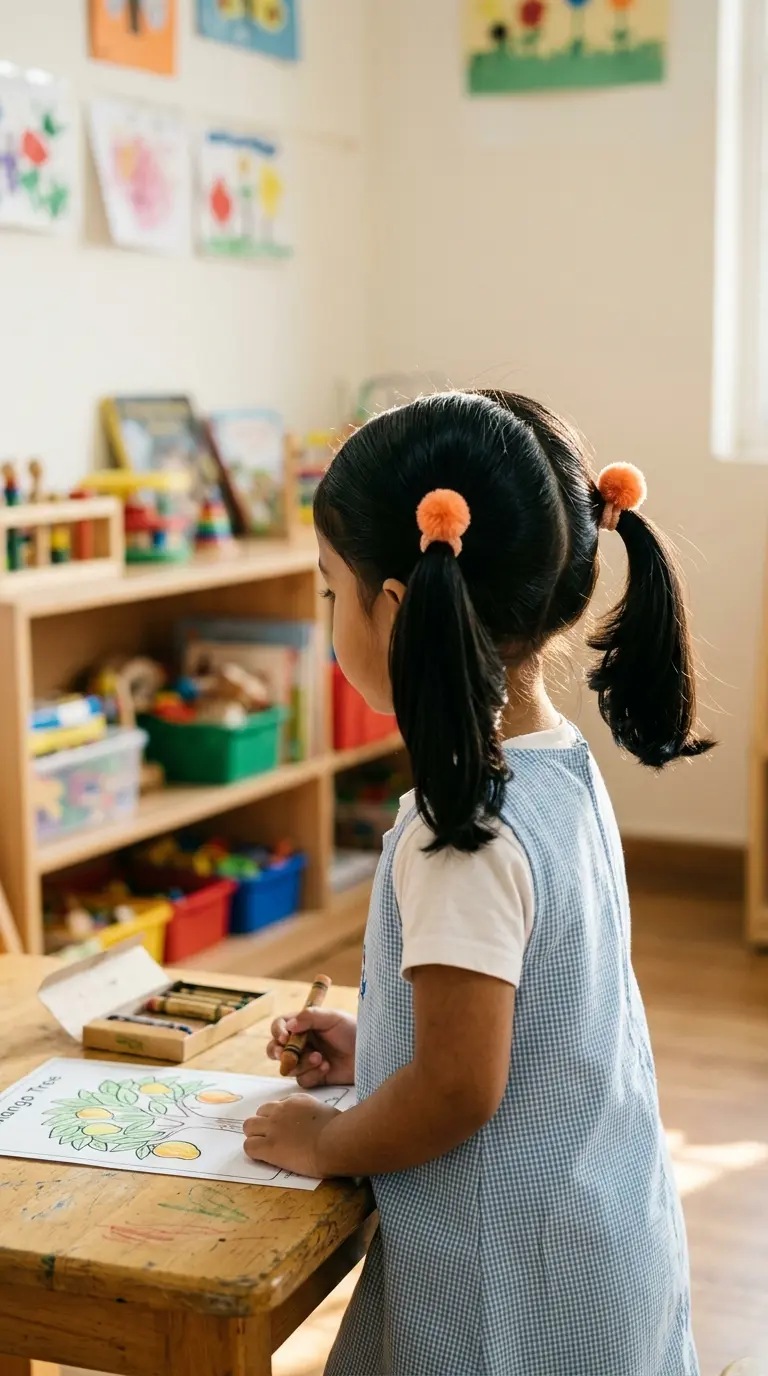Three quarter back view of an Indian toddler girl with two thick pigtails at ear level tied with pom pom elastics