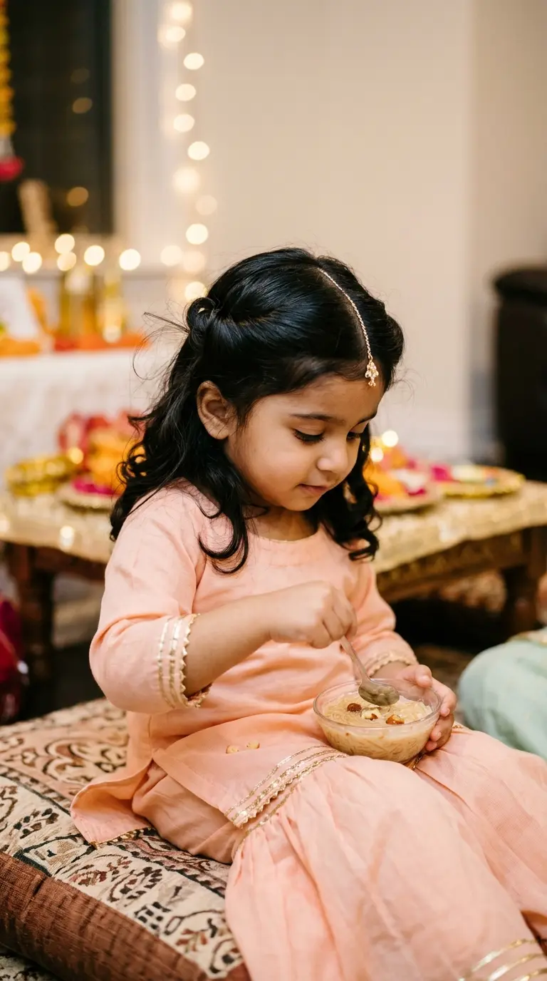 Three quarter front view of an Indian toddler girl with two rolled front sections and a small clip on tikka